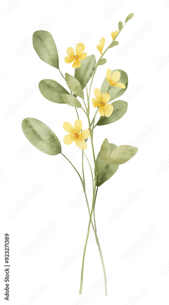 Obraz premium Yellow flower and leaves set, floral watercolor digital illustration for greeting card, invitation and other printing design. Isolated on white. Hand drawing.