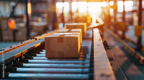 Conveyor with parcel boxes in warehouse