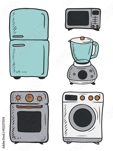 Collection of kitchen technics equipment: fridge, oven, microwave oven, countertop blender, washing machine isolated on white background. Hand drawn vector sketch illustration in vintage style.