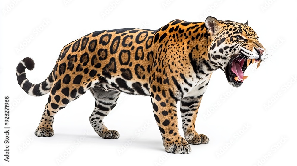 Obraz premium A fierce jaguar roaring on a white background