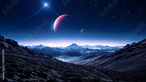 the majestic view of our solar system, with a red planet, a blue sky, and a mountainous landscape photo