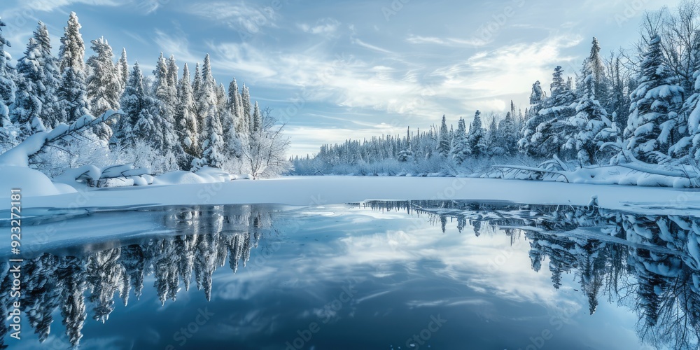 Obraz premium A serene winter scene featuring a frozen lake surrounded by snow-covered trees, perfectly reflecting the snowy landscape and sky.