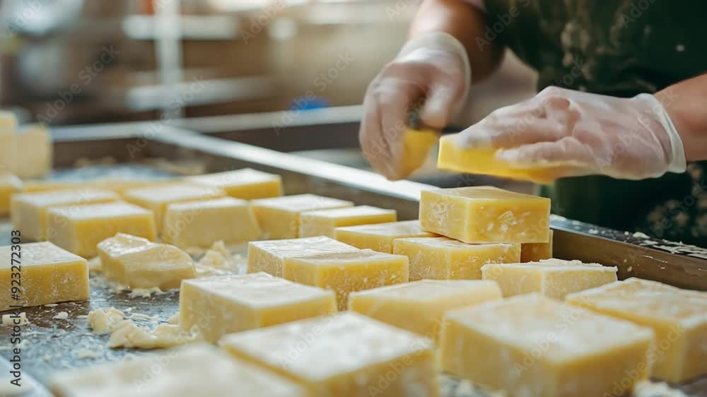 A worker at a plant that produces cheese foods runs a shaping machine. A worker at a plant that produces cheese foods runs a shaping machine.