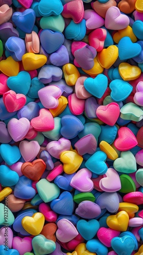 A multitude of colorful heart-shaped candies fills the surface, perfect for celebrations and sweet treats