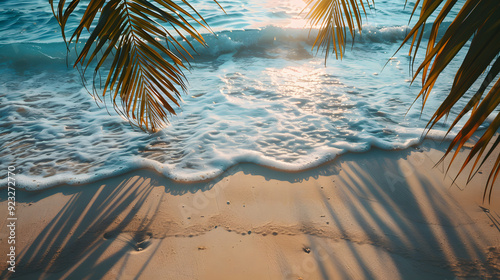 A tropical beach with coconut palm leaves casting shadows on the sand, with gentle waves and sun reflections in the background. photo