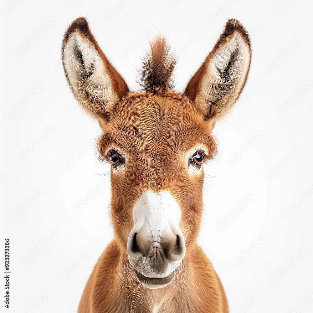 Close-up portrait of a cute donkey on a white background, showcasing its expressive eyes and endearing features. Close-up portrait of a cute donkey on a white background, showcasing its expressive eyes and endearing features.