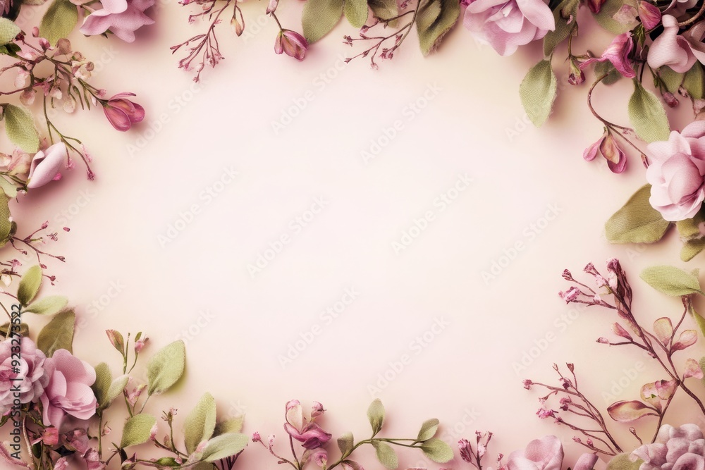 Fototapeta premium Elegant floral border with vibrant flowers lush greenery on light background. Ideal for decorative designs wedding invitations or romantic designs valentines day, mother's day, women's day