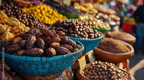 Vibrant Market Stall Displaying Fresh Cocoa Beans, Fruits, and Nuts in Colorful Baskets