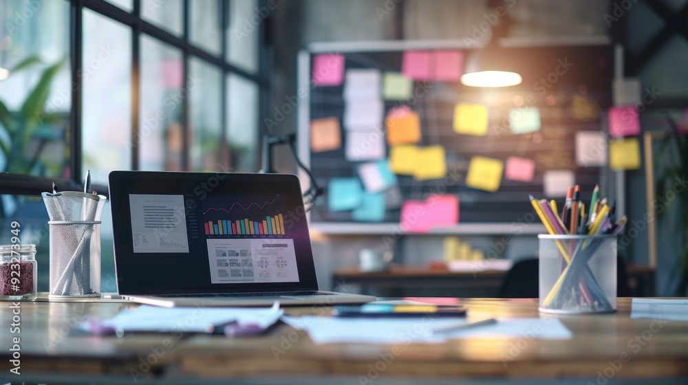 Obraz premium Strategic PR Command Center Laptop Media Monitoring and Press Release Drafts in Modern Office Setting