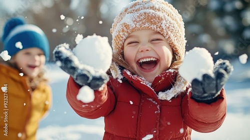 Children having a snowball fight in a snowy park.