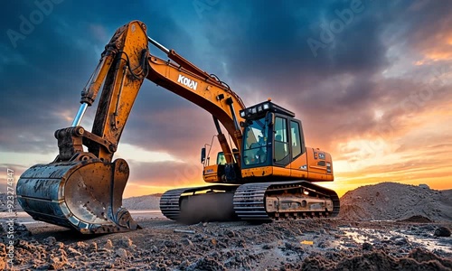 Wallpaper Mural A yellow excavator stands in a dirt lot at sunset. Torontodigital.ca