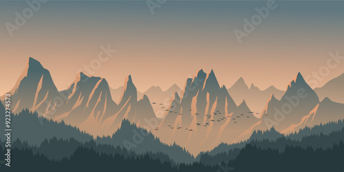 Illustration of beautiful misty mountain landscape with forest