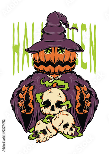 Halloween Pumpkin Man magic whit skull