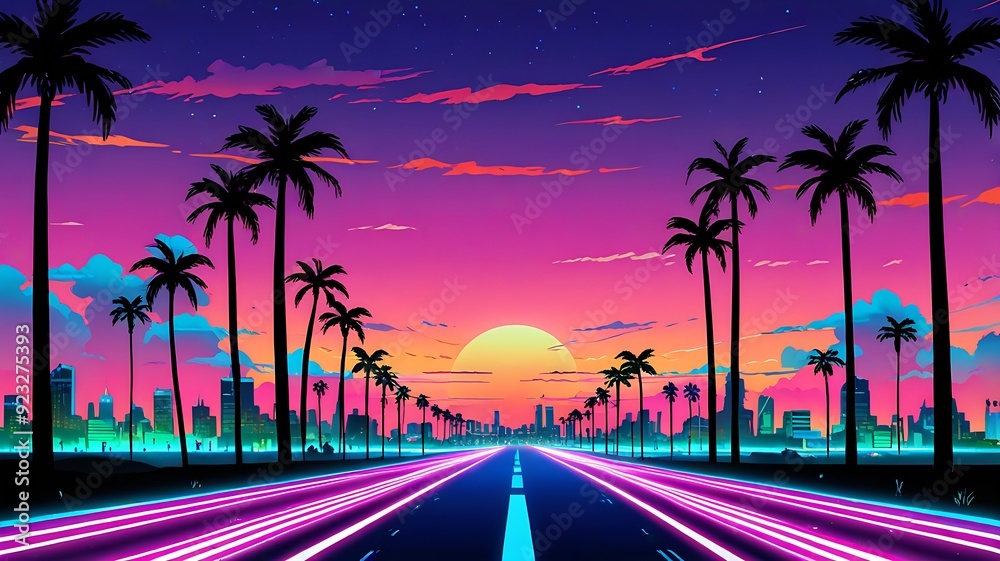 Naklejka premium Vibrant cityscape combining a futuristic aesthetic with neonlit roads, palm trees, and a stunning sunset. Ideal for science fictionthemed designs