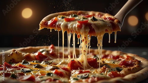 A dynamic shot of a pizza being pulled apart, its slices and toppings suspended in a frozen moment, golden light highlighting the textures against an elegant, nostalgic backdrop.