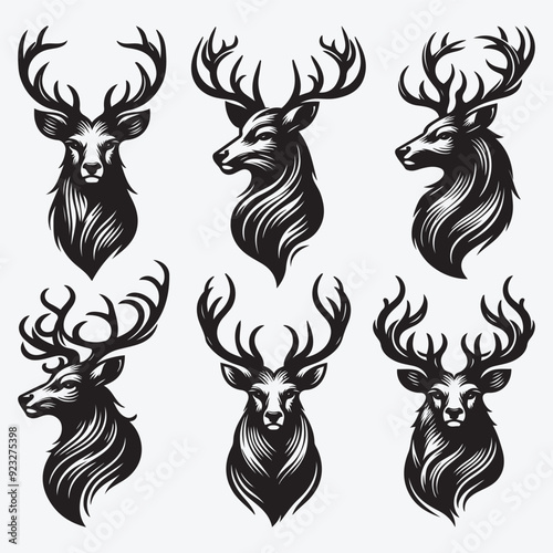 Black Deer Silhouette Bundle Logo Illustration Clipart 