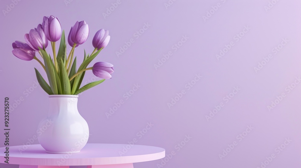 Purple Tulips in a White Vase on a Pink Table Purple Tulips in a White Vase on a Pink Table