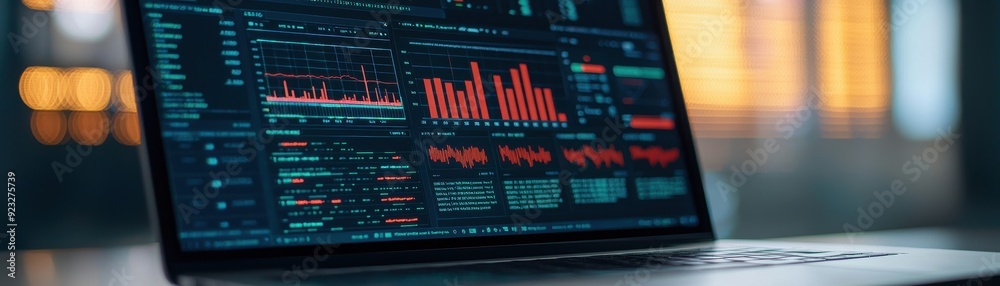 laptop screen displaying data analytics and graphs in a modern workspace.