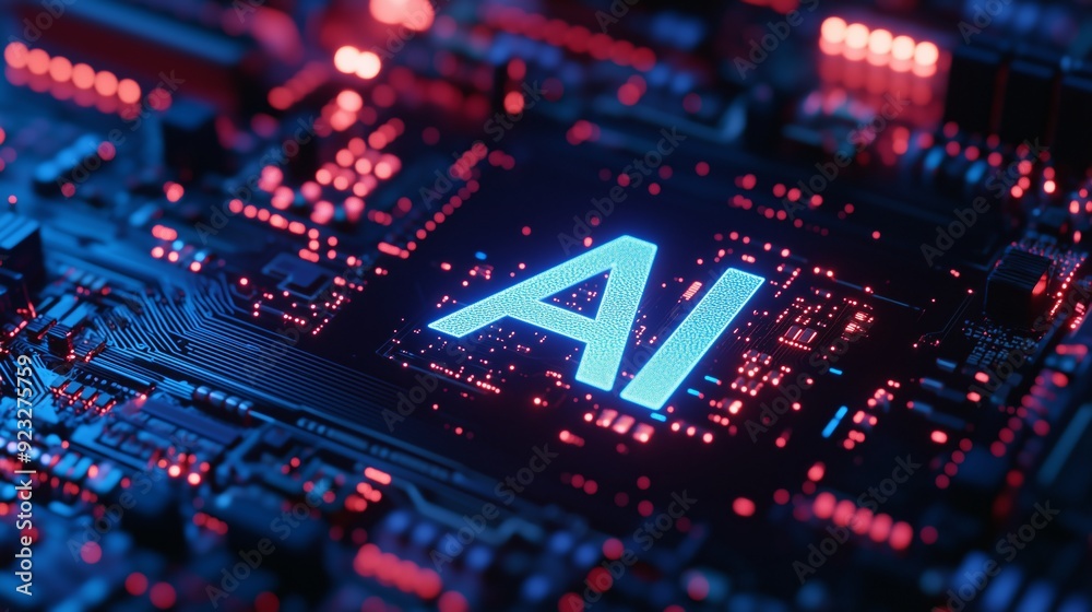 Close-Up of Circuit Board with Neon Blue AI Logo and Intricate Circuitry Close-Up of Circuit Board with Neon Blue AI Logo and Intricate Circuitry