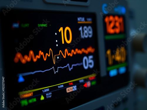 Digital Medical Monitor Display Close-up of a digital medical monitor displaying vital signs, with a dark background to highlight the glowing data and emphasize the importance of patient monitoring.