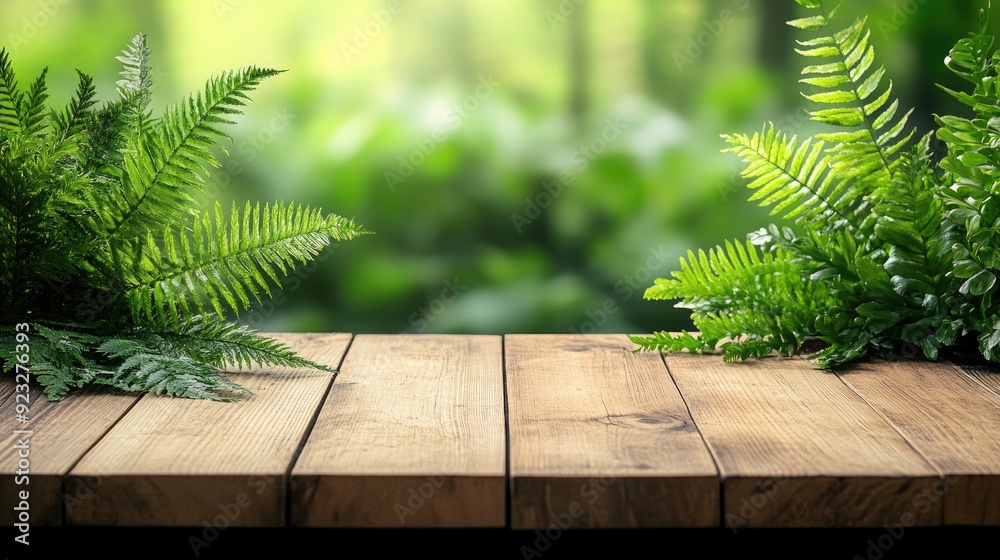 Wooden table with ferns on sides. Perfect for product displays or showcasing nature-themed products. Wooden table with ferns on sides. Perfect for product displays or showcasing nature-themed products.