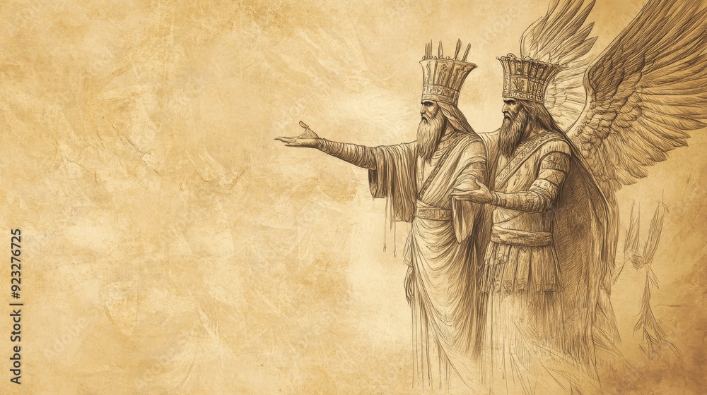 Fototapeta premium 2 Kings Biblical Illustration: The Reign of Manasseh and Amon, Worshiping Idols and Forsaking the Lord, Bible Wall Art on Spiritual Decline, Beige Background