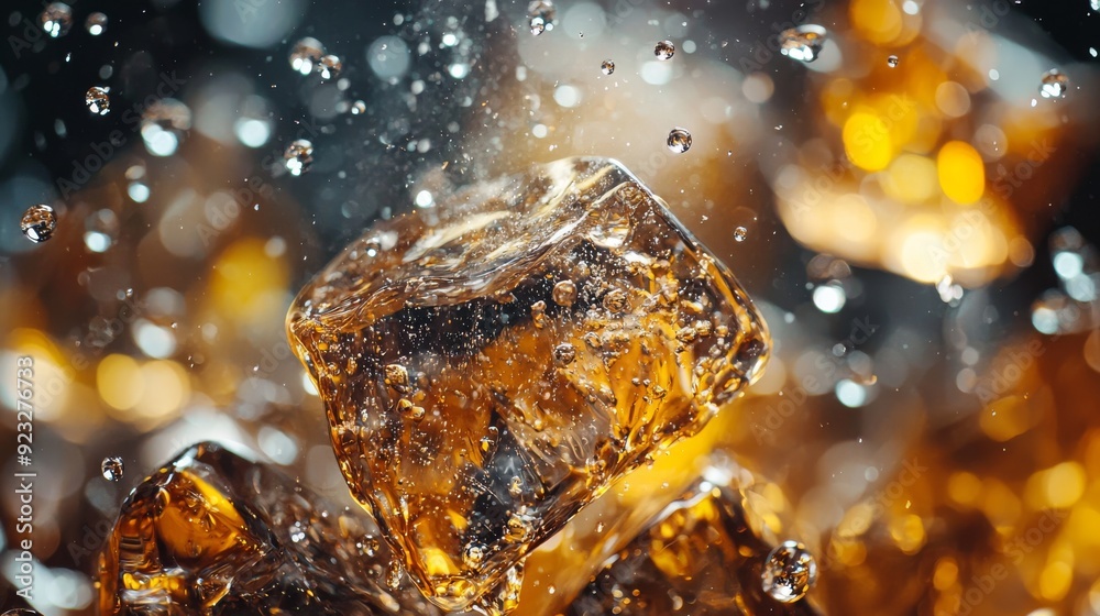 Ice Cubes in Fizzy Drink with Splash Effects and Golden Bokeh Ice Cubes in Fizzy Drink with Splash Effects and Golden Bokeh