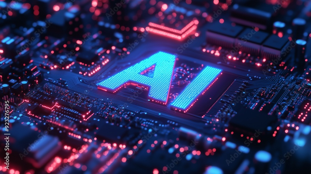 Close-Up of Circuit Board with Neon Blue AI Logo and Intricate Circuitry Close-Up of Circuit Board with Neon Blue AI Logo and Intricate Circuitry