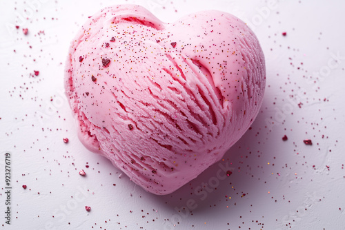 heart-shaped pink glitter ice cream on white background, isolated food photography