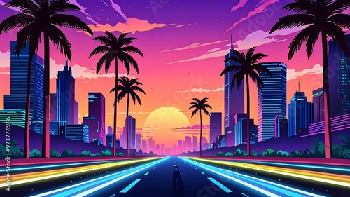 Vibrant cityscape combining a futuristic aesthetic with neonlit roads, palm trees, and a stunning sunset. Ideal for science fictionthemed designs photo