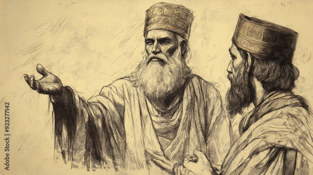 Fototapeta premium Solomon Asks for Wisdom: Sharing His Dream with Advisors, Who Are in Awe of His Divine Encounter, 1 Kings Biblical Illustration, Bible Wall Art, Beige Background