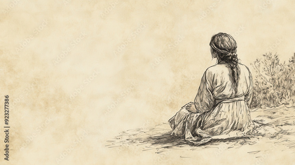 Naklejka premium Biblical Illustration of 2 Kings: Shunammite Woman Offers Thanksgiving Prayer for God’s Faithfulness and Provision, Bible Wall Art with Beige Background
