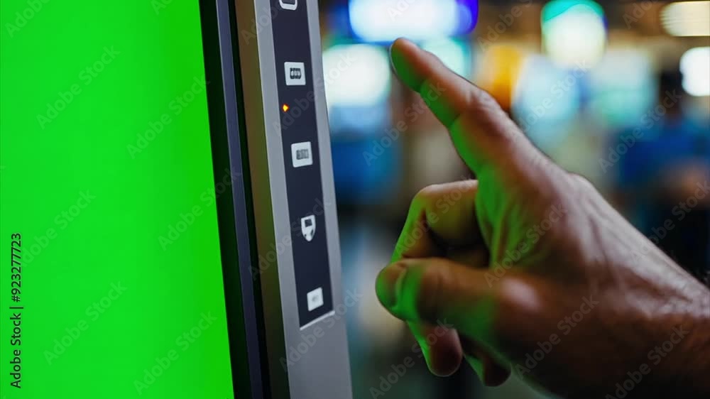 Black man's Finger pushing buttons on a touchscreen on a voting machine during a USA election where the screen is a chroma key green screen. Black man's Finger pushing buttons on a touchscreen on a voting machine during a USA election where the screen is a chroma key green screen.