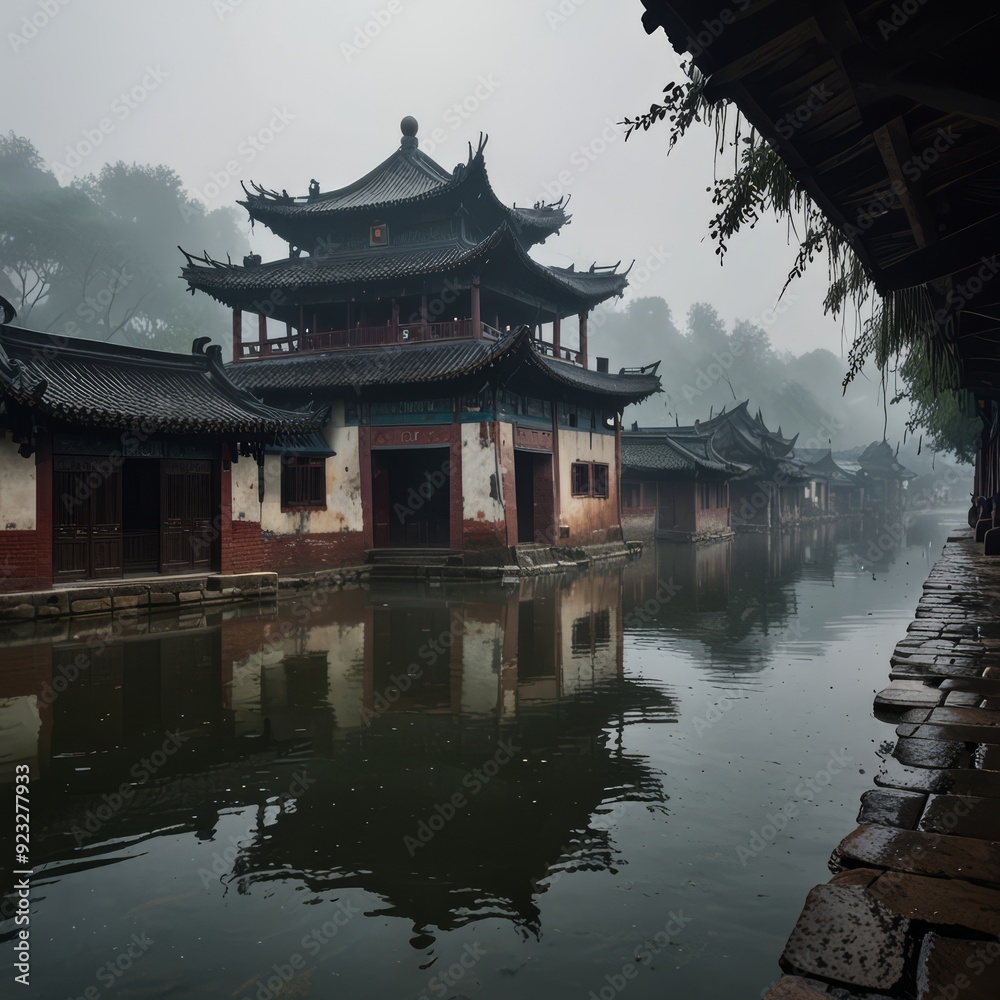 Naklejka premium a small river with a bridge and a reflection of a building in the water.