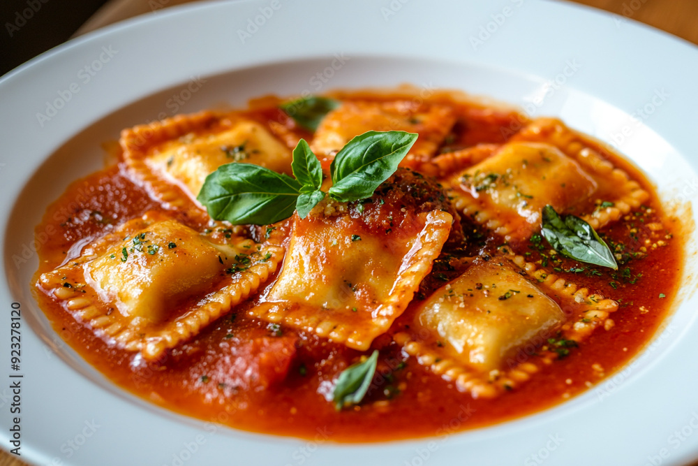 Homemade delicious italian ravioli with red tomato sauce in a whate plate ready for serving. Homemade delicious italian ravioli with red tomato sauce in a whate plate ready for serving.