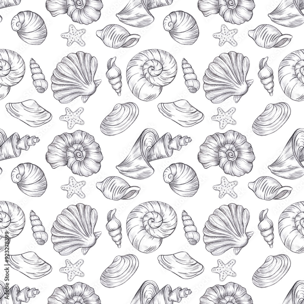 Hand drawn black coal pencil seashells seamless pattern isolated on white background. Marine illustration can be used for textile, fabric, scrapbook and other printed products. Hand drawn black coal pencil seashells seamless pattern isolated on white background. Marine illustration can be used for textile, fabric, scrapbook and other printed products.