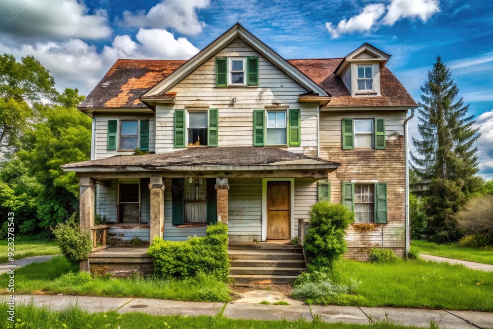 A worn, weathered suburban house with broken shutters, cracked sidewalk, and overgrown lawn awaits renovation, engulfed in a sense of neglect and disrepair. A worn, weathered suburban house with broken shutters, cracked sidewalk, and overgrown lawn awaits renovation, engulfed in a sense of neglect and disrepair.