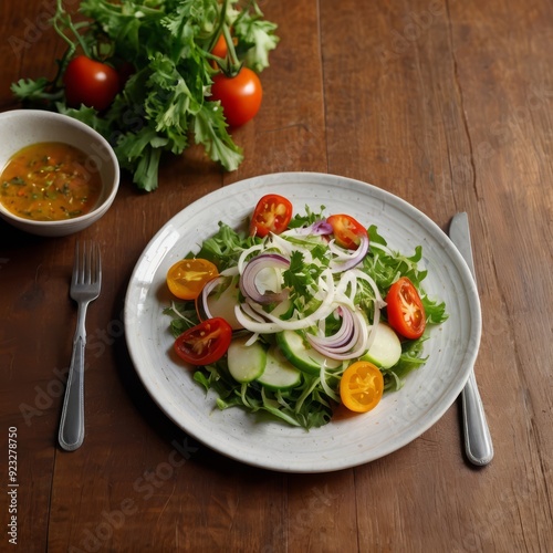 a salad with tomatoes, lettuce, and tomatoes on a white plate.