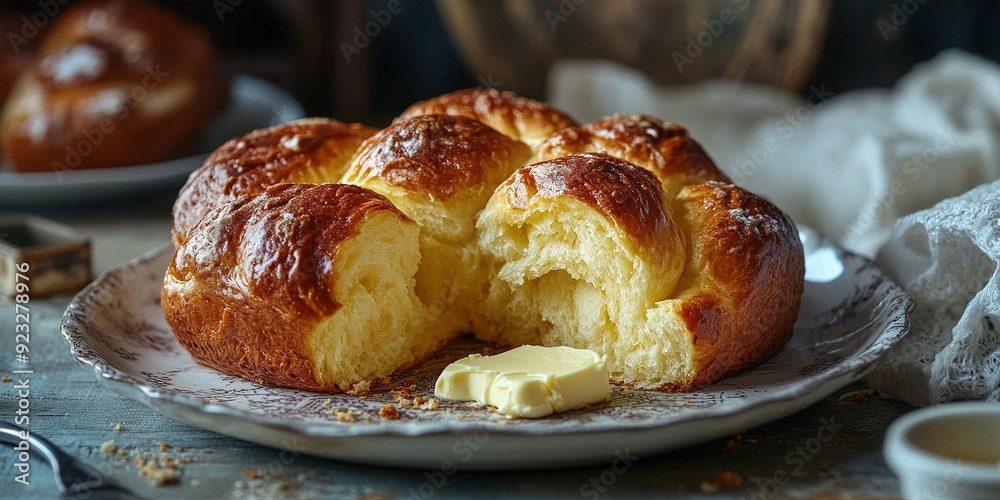Golden-brown brioche à tête served warm with sweet butter,Perfect for Breakfast or Brunch with a Touch of Sweetness and Rich Flavor Golden-brown brioche à tête served warm with sweet butter,Perfect for Breakfast or Brunch with a Touch of Sweetness and Rich Flavor