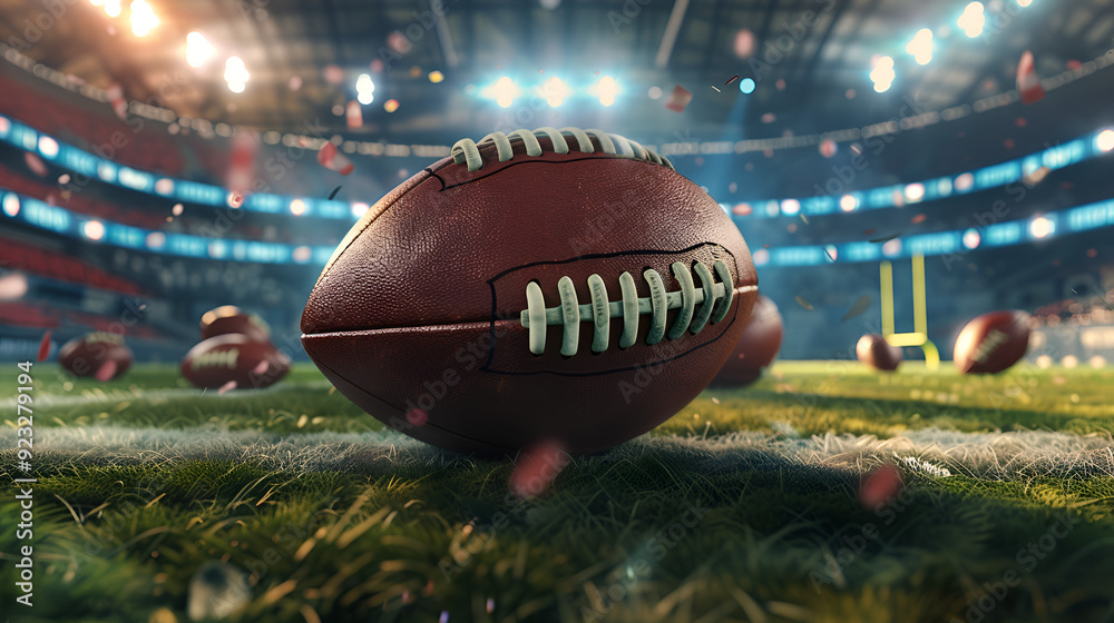 3D illustration of a ball on the American football arena, football arena Stadium, Generative AI 3D illustration of a ball on the American football arena, football arena Stadium, Generative AI
