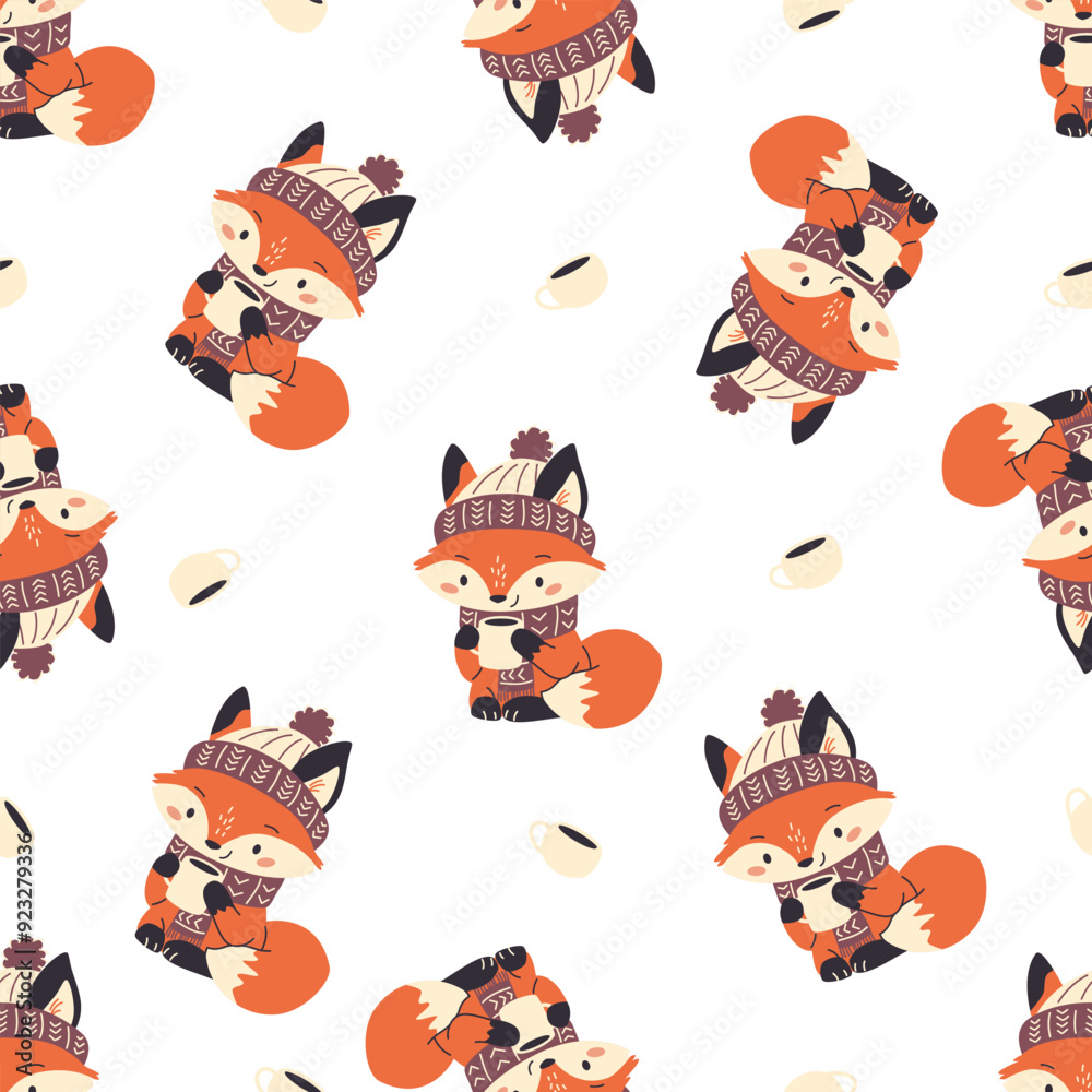 Seamless vector pattern. Cute fox in scarf and hat drinking tea. Cute winter New Year illustration . Vector illustration Seamless vector pattern. Cute fox in scarf and hat drinking tea. Cute winter New Year illustration . Vector illustration