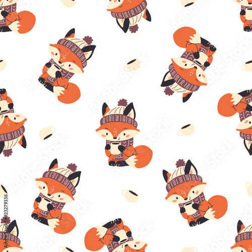 Seamless vector pattern. Cute fox in scarf and hat drinking tea. Cute winter New Year illustration . Vector illustration