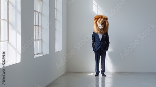 A Lion in a Suit Stands in a White Room