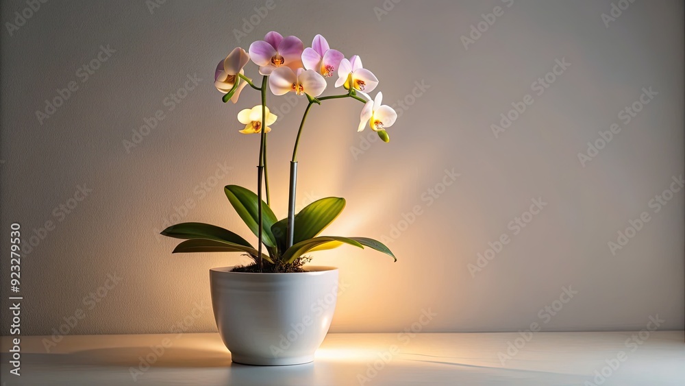 Soft warm light of full spectrum grow lights gently illuminating a delicate orchid in a minimalist white ceramic pot against a neutral background Soft warm light of full spectrum grow lights gently illuminating a delicate orchid in a minimalist white ceramic pot against a neutral background