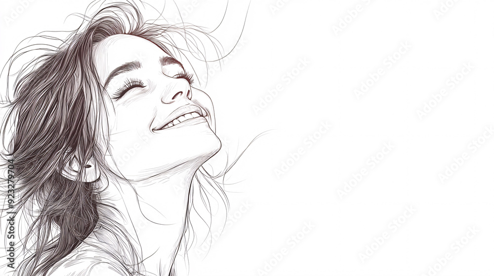 Joyful Smiling Girl in Elegant Line Drawing with Copy Space for Creative Concepts Joyful Smiling Girl in Elegant Line Drawing with Copy Space for Creative Concepts
