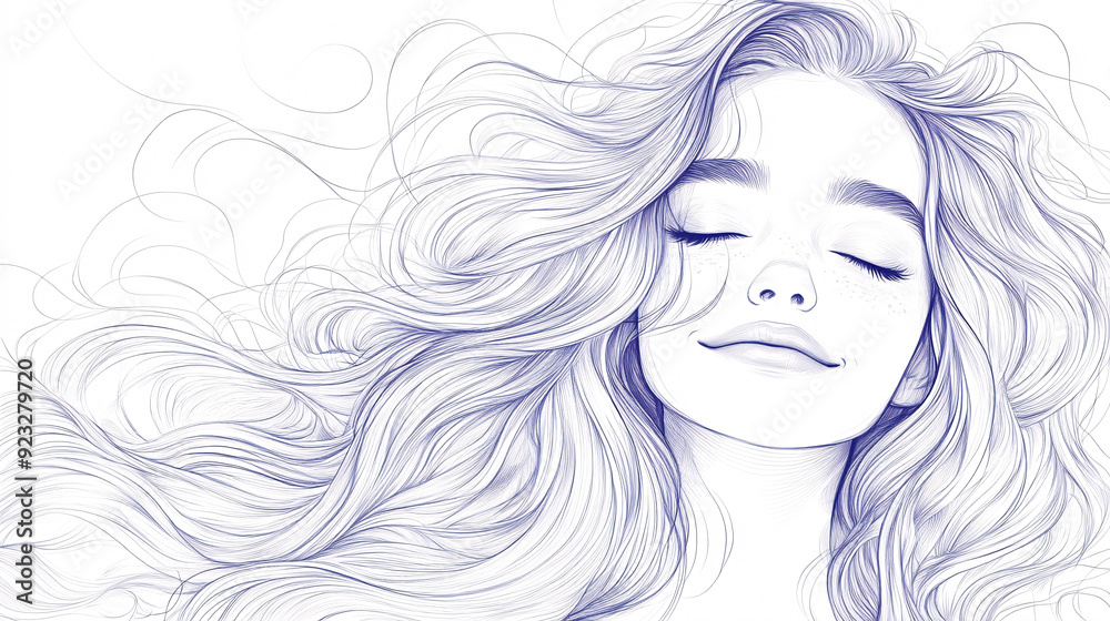 Serene Girl in Sketch Line Art with Copy Space for Text - Smiling Female Character with Flowing Hair and Closed Eyes, Minimalist Design Serene Girl in Sketch Line Art with Copy Space for Text - Smiling Female Character with Flowing Hair and Closed Eyes, Minimalist Design