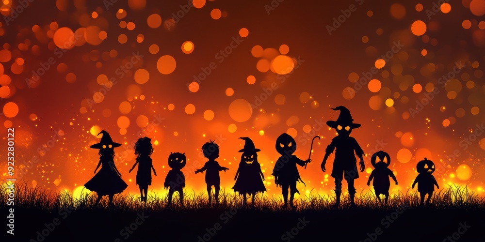 halloween background with kids in dark background and lit lights, kids wearing scary costumes halloween background with kids in dark background and lit lights, kids wearing scary costumes