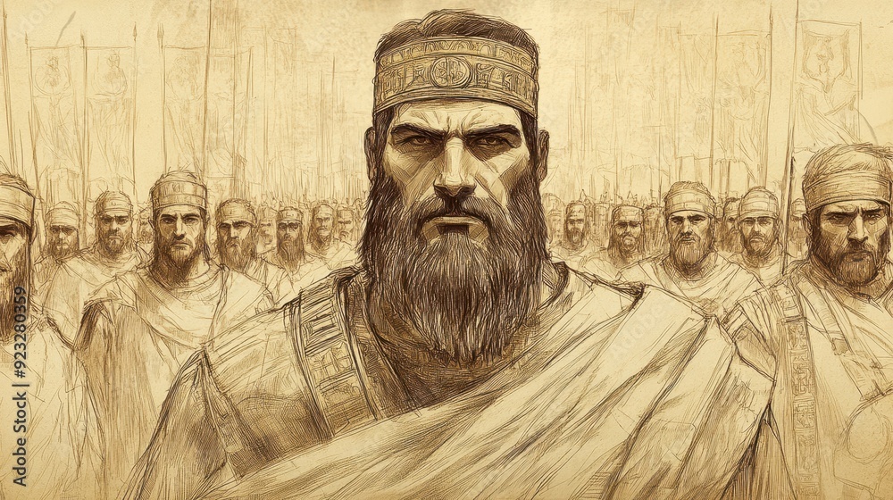 Naklejka premium Jeroboam Rallies the Northern Tribes, Declaring Secession from Rehoboam’s Rule, 1 Kings Biblical Illustration, Bible Wall Art, Beige Background