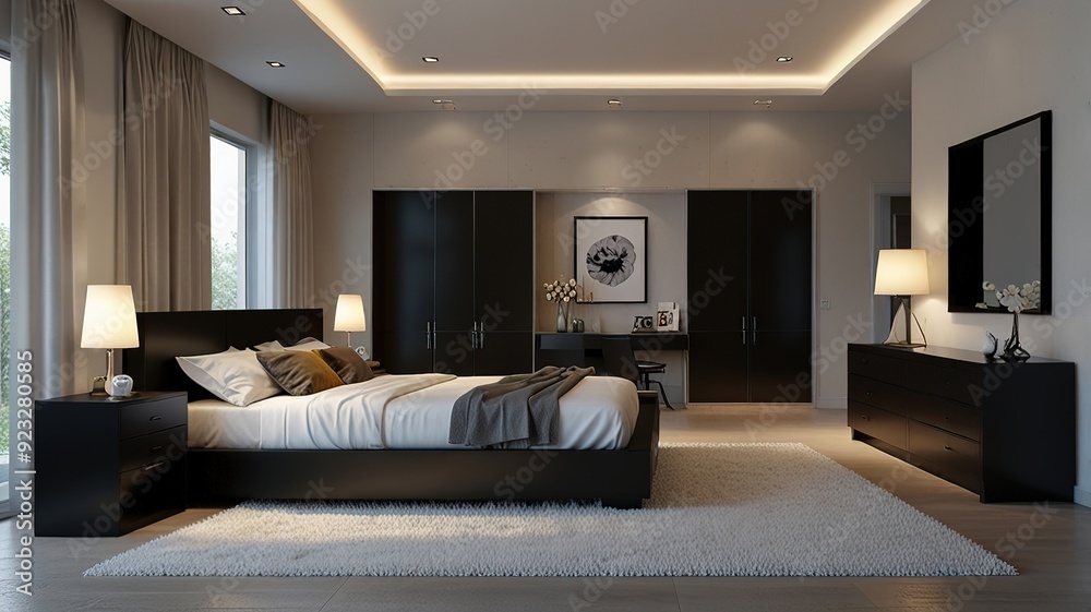 Fototapeta premium Modern Interior With Bright Wall, Living room, Bed room, kitchen, House Plants