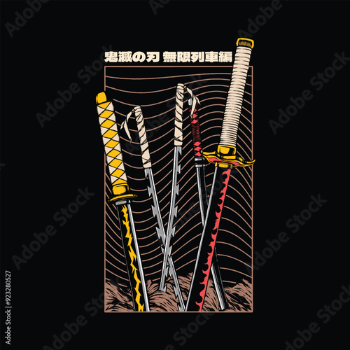 Sword Katana Kimetsu no Yaiba Vintage Cartoon Illustration